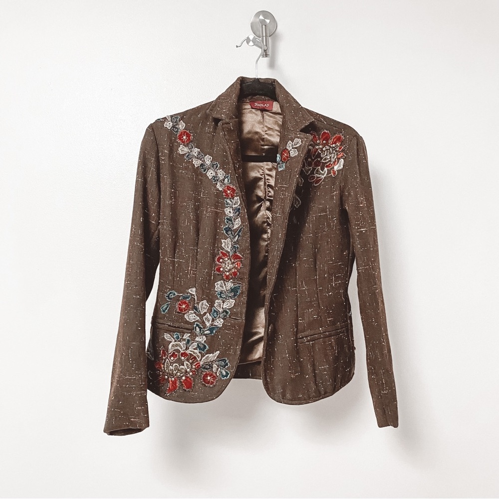 Joolay Embroidered Floral Stitch Fall Chic Long Sleeve‎ Jacket Blazer Brown